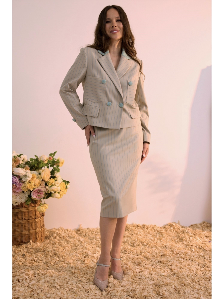 Юбочные костюмы 2619 серо-бежевый в бирюзовую полоску 13416₽
