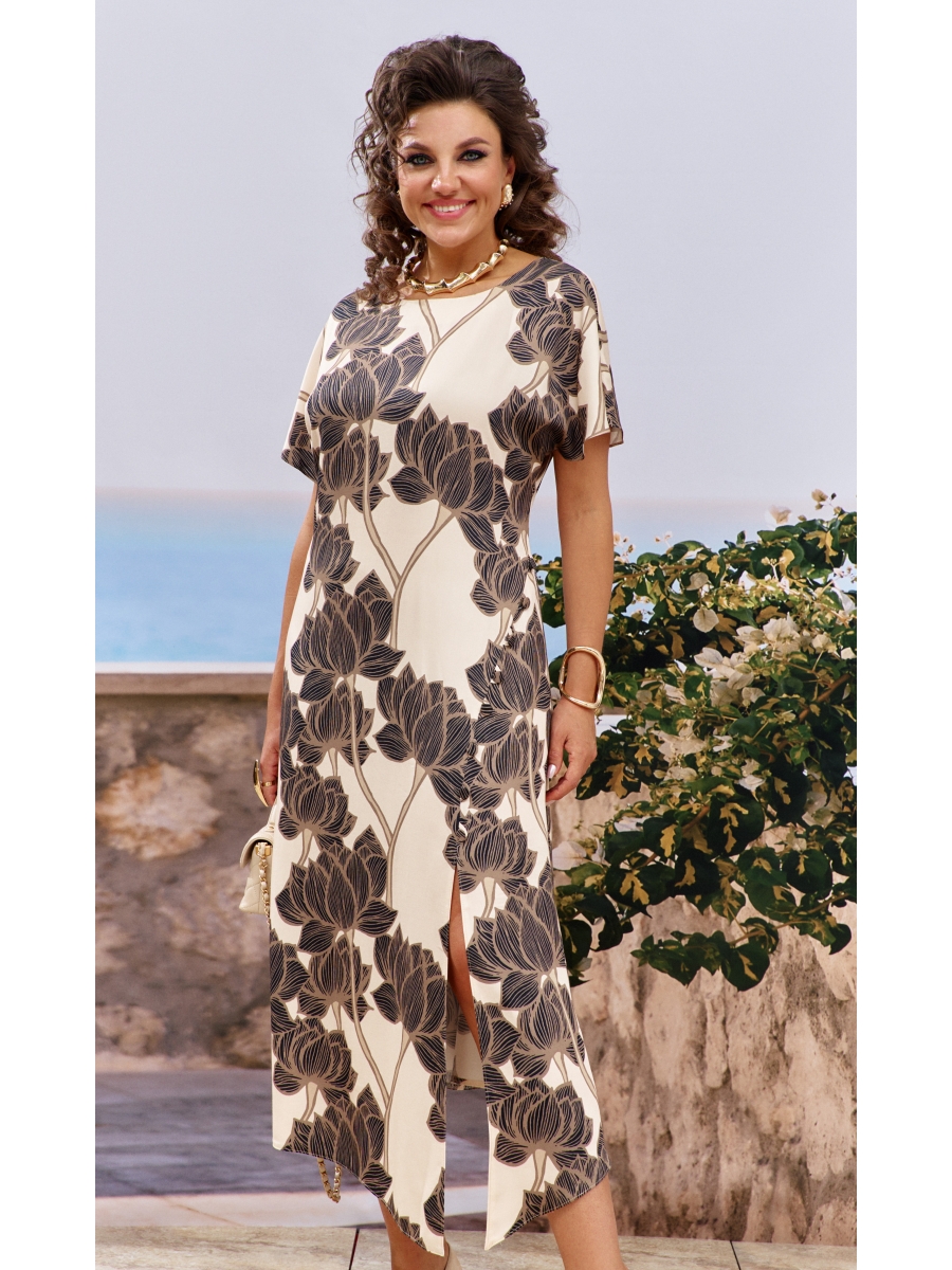 Платье 25703 бежевый+принт цветы