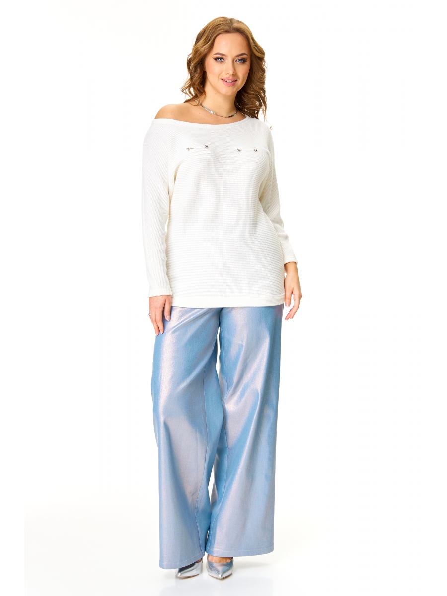 Брючные костюмы М-7617 белый молочный, стальной голубой блеск