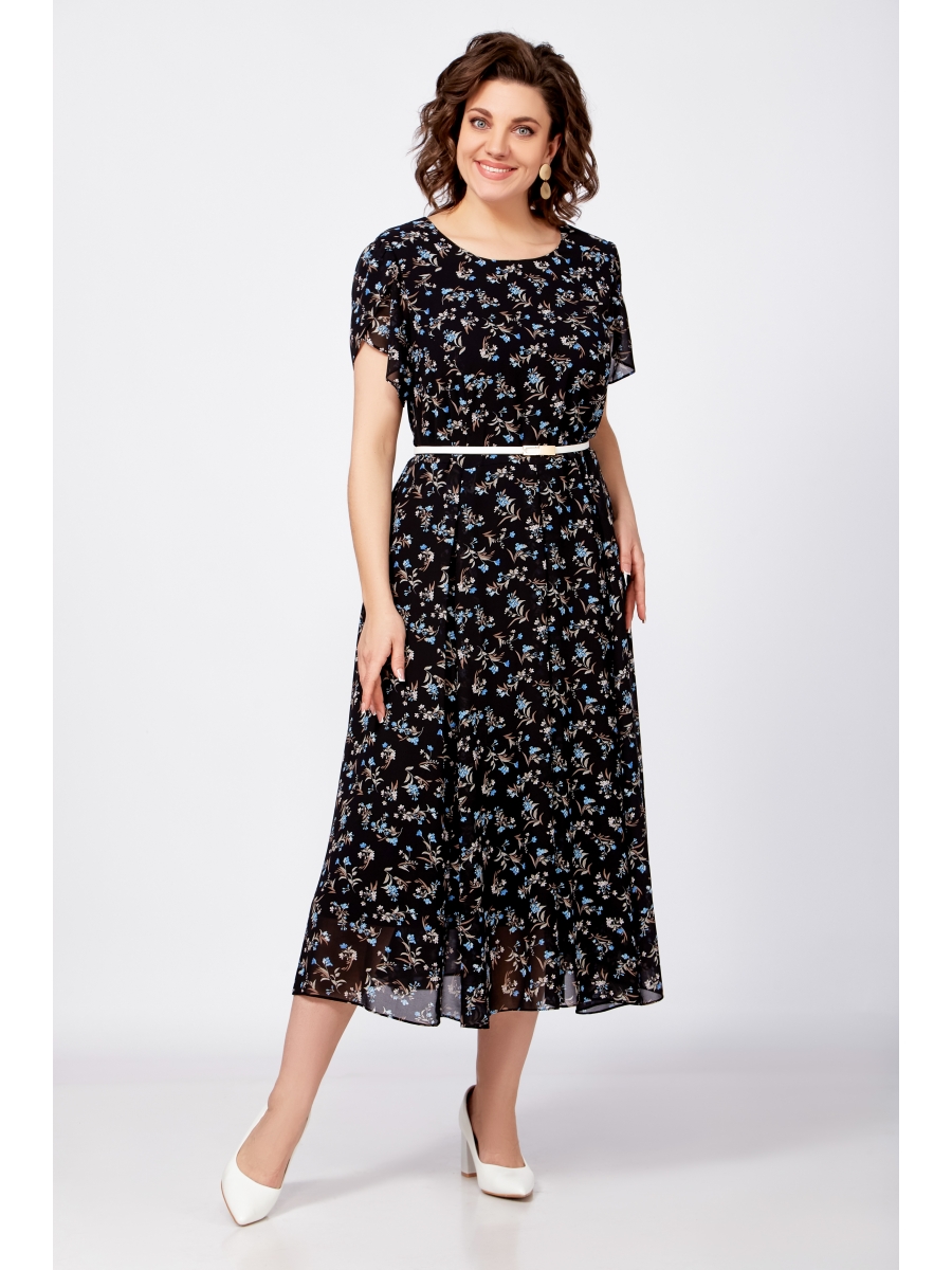 Платье 814 чёрный, принт «бежево-голубые цветы»