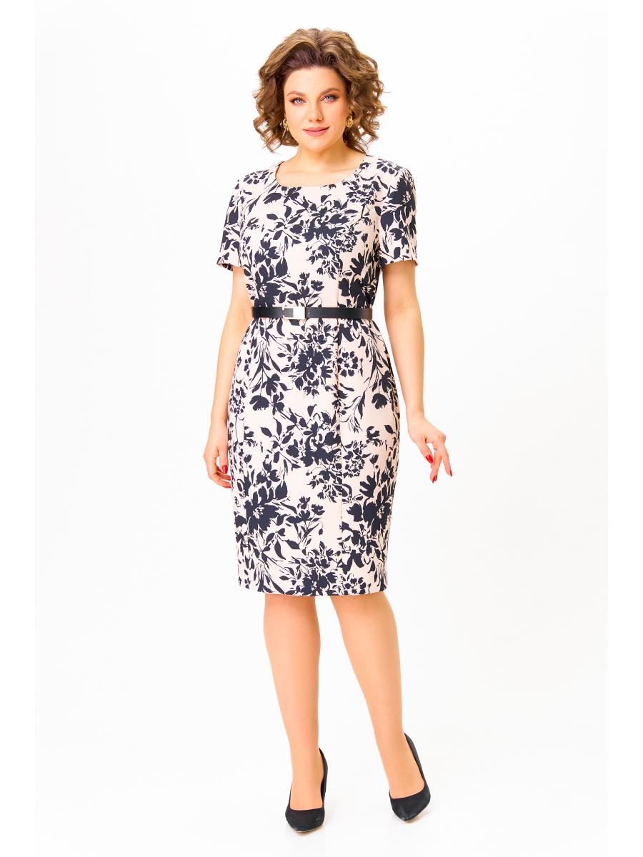 Платье 823 бежевый, принт черные цветы