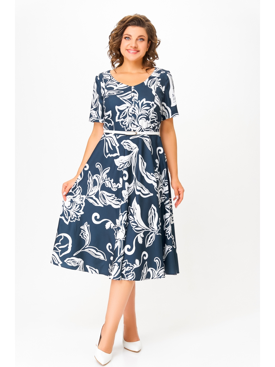 Платье 856 глубинно-синий в белый принт цветы 7702₽