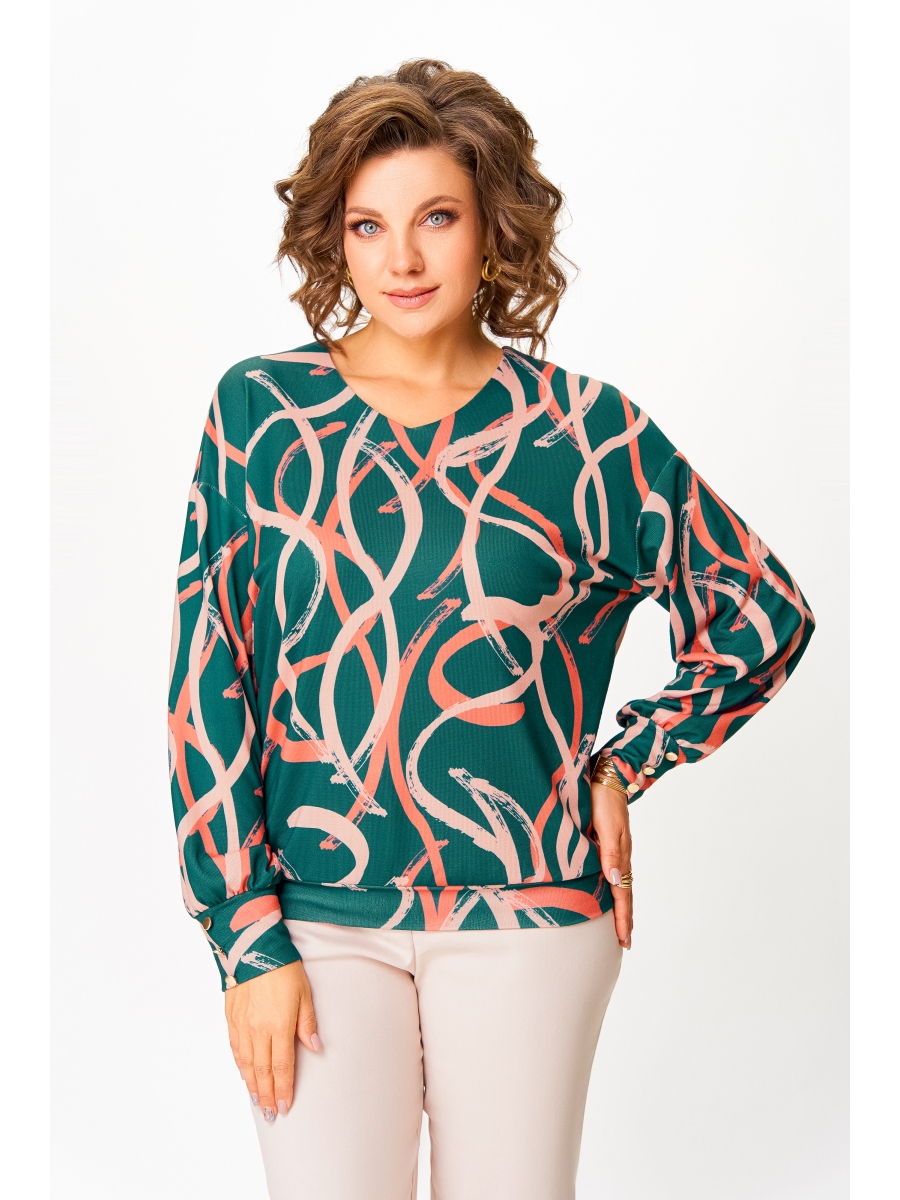 Кофты, джемперы 865.1 тёмно-изумрудный в бежево-коралловый принт