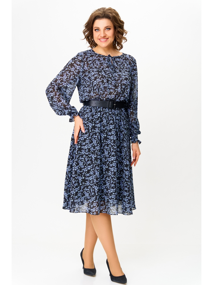 Платье 819 черный, принт «голубые незабудки»