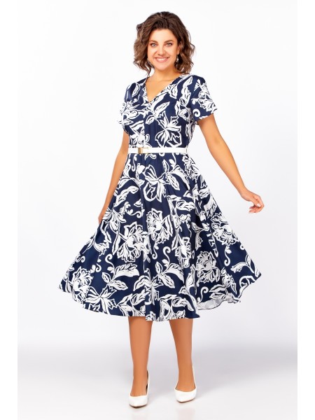 858 глубинно-синий в белый принт «цветы»